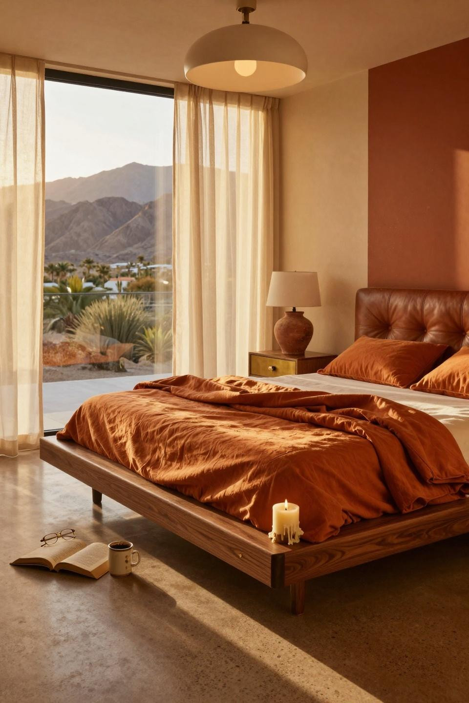 Mcm Bedroom Ideas - walnut platform bed with desert mountain views