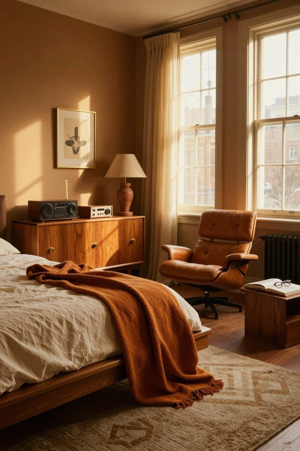 Mcm Bedroom Ideas - walnut platform bed with cognac leather chair