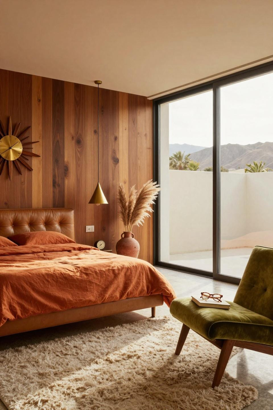 Mcm Bedroom Ideas - walnut platform bed with terracotta wall and avocado green chair