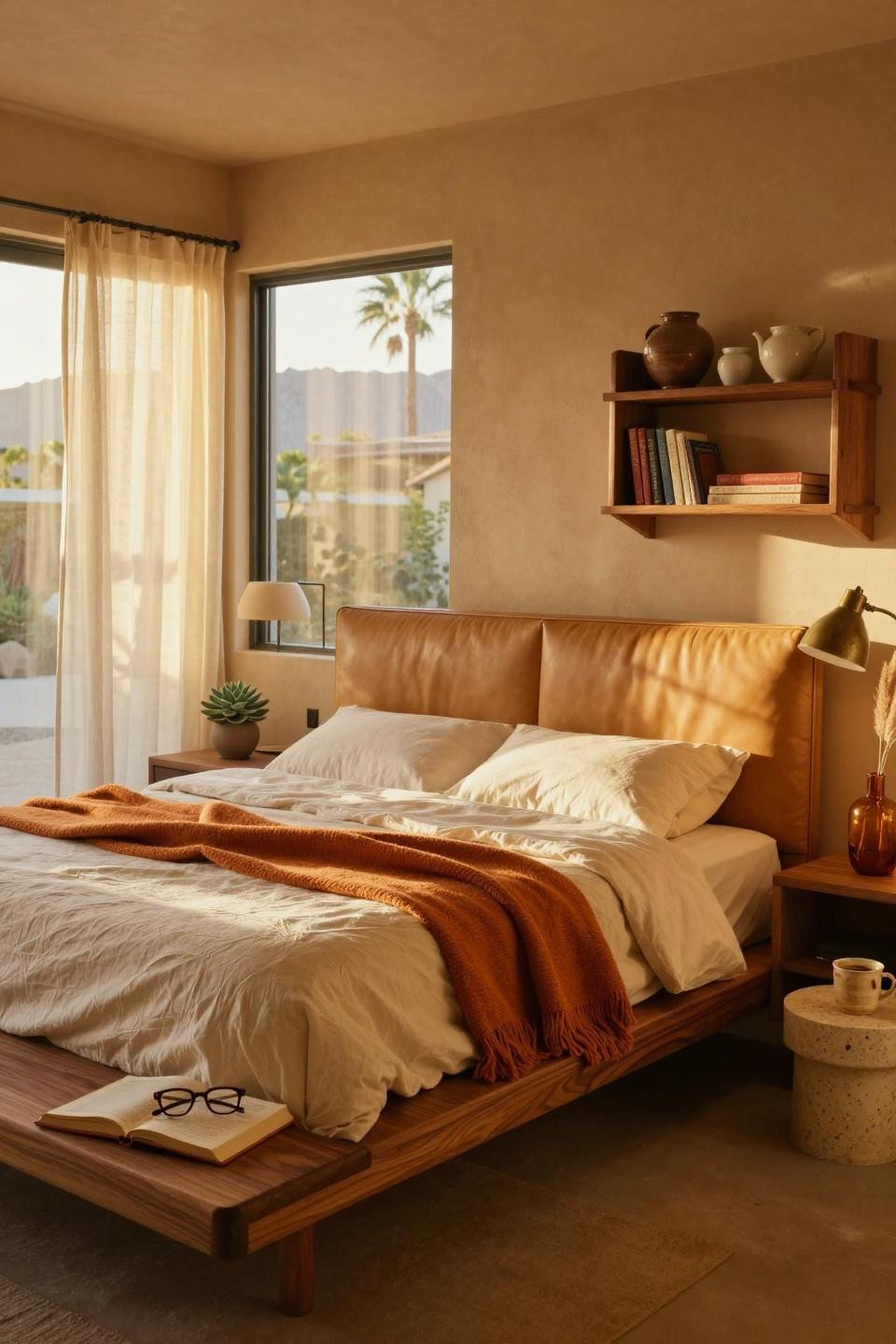 Mcm Bedroom Ideas - walnut platform bed with camel leather headboard and brass lamp