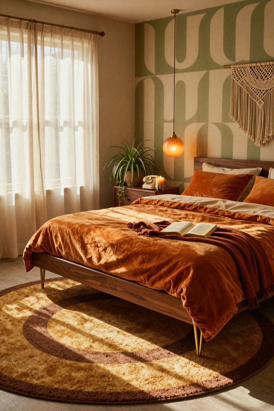 Mcm Bedroom Ideas - walnut platform bed with geometric shag rug and burnt orange duvet