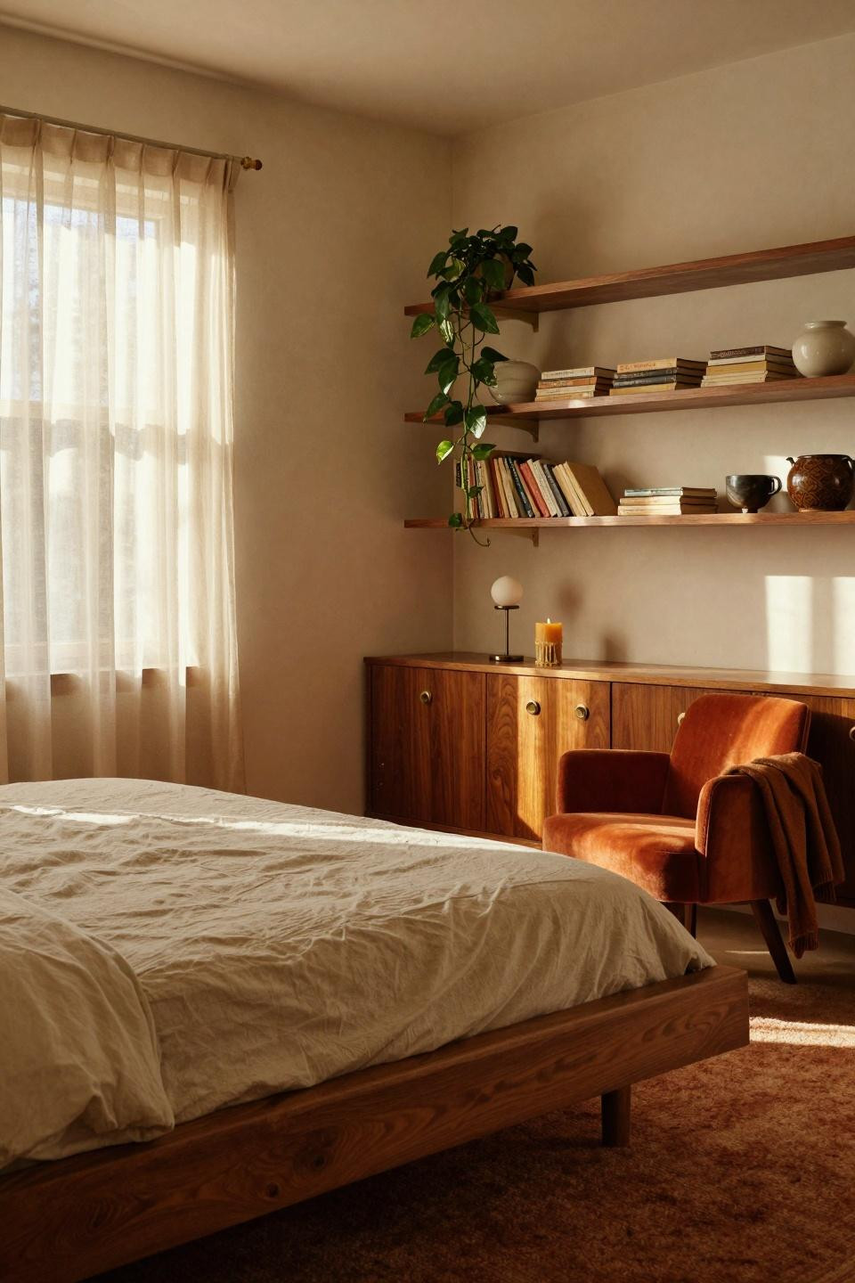 Mcm Bedroom Ideas - walnut platform bed with floor-to-ceiling open shelving