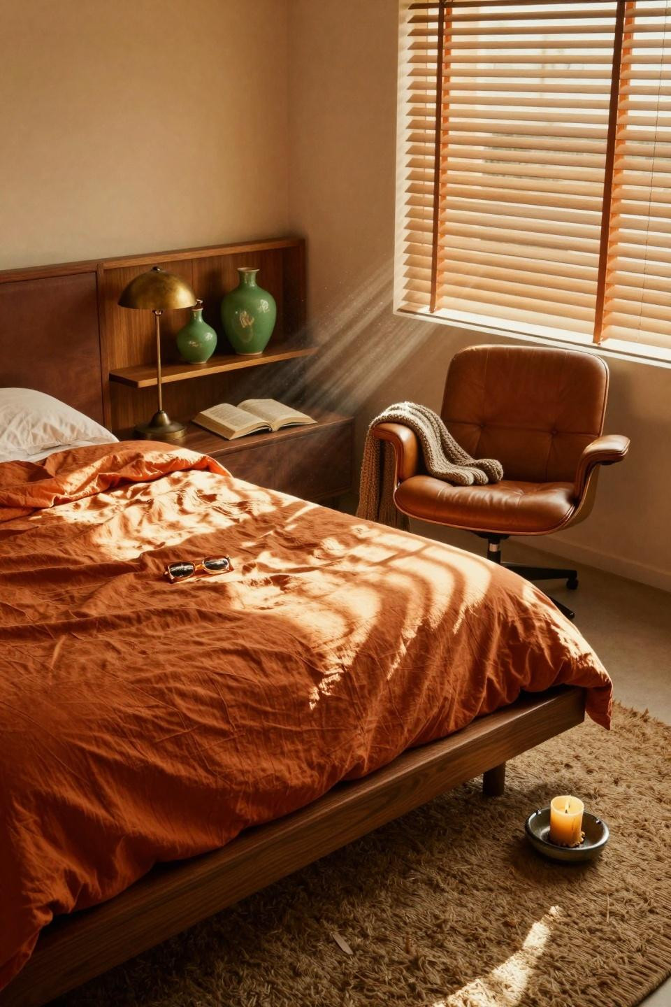 Mcm Bedroom Ideas - walnut platform bed with teak slat blinds and burnt orange duvet