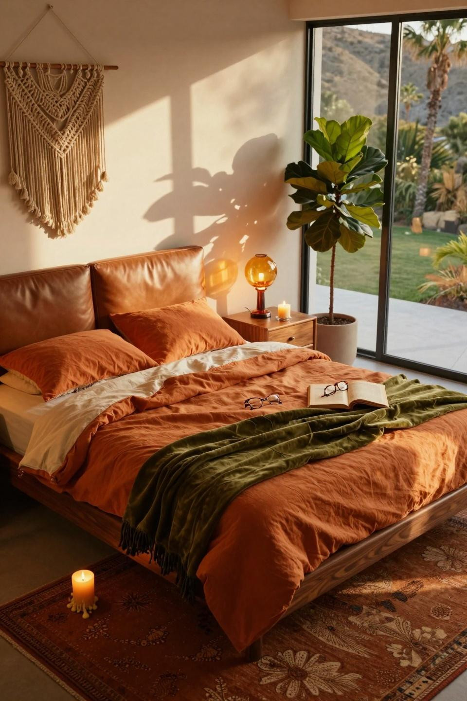 Mcm Bedroom Ideas - overhead view of walnut bed with burnt orange linen layers