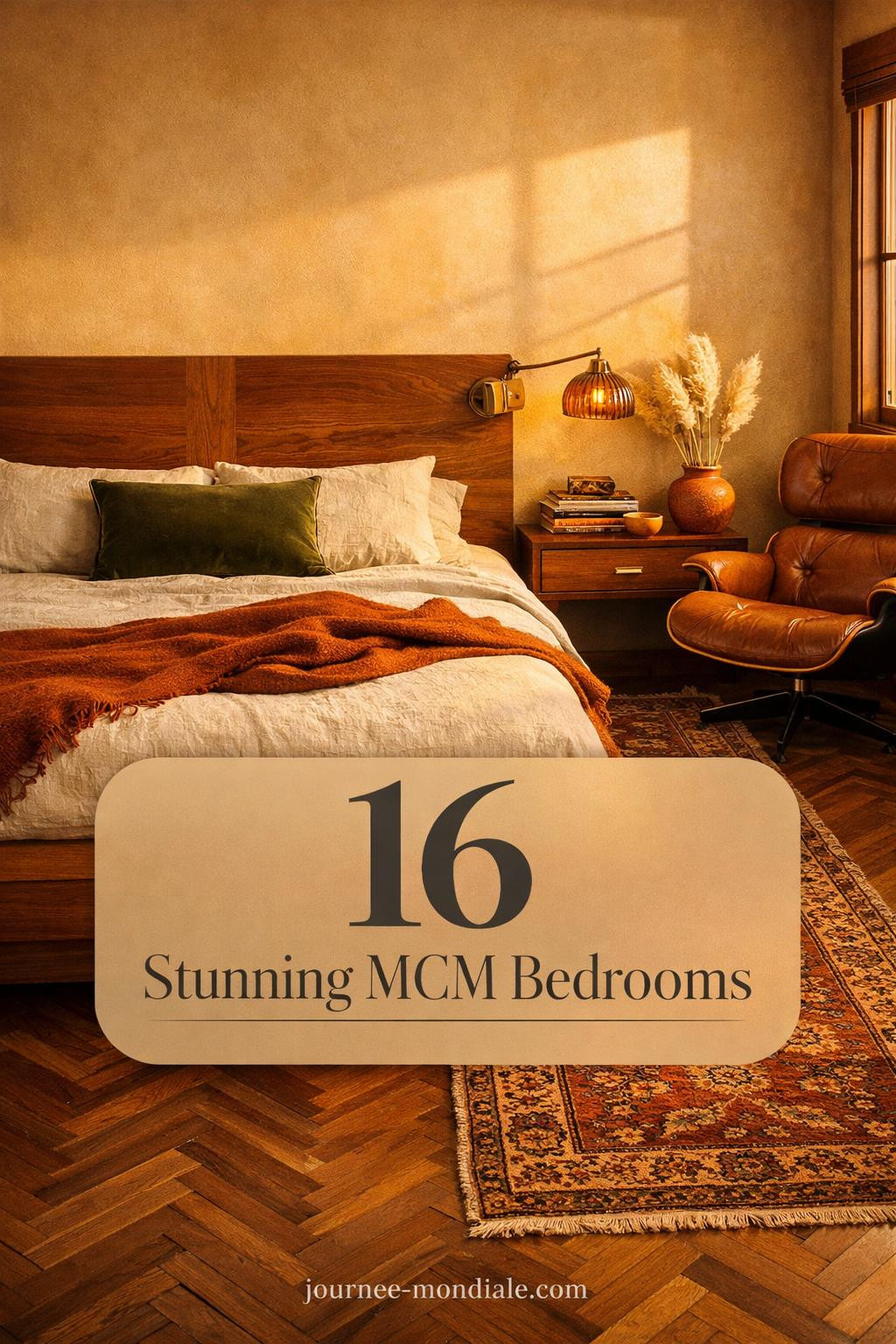 Warm mid-century modern bedroom featuring wood furniture, geometric patterns, orange accent pillows, teak nightstand, and vintage brass lighting