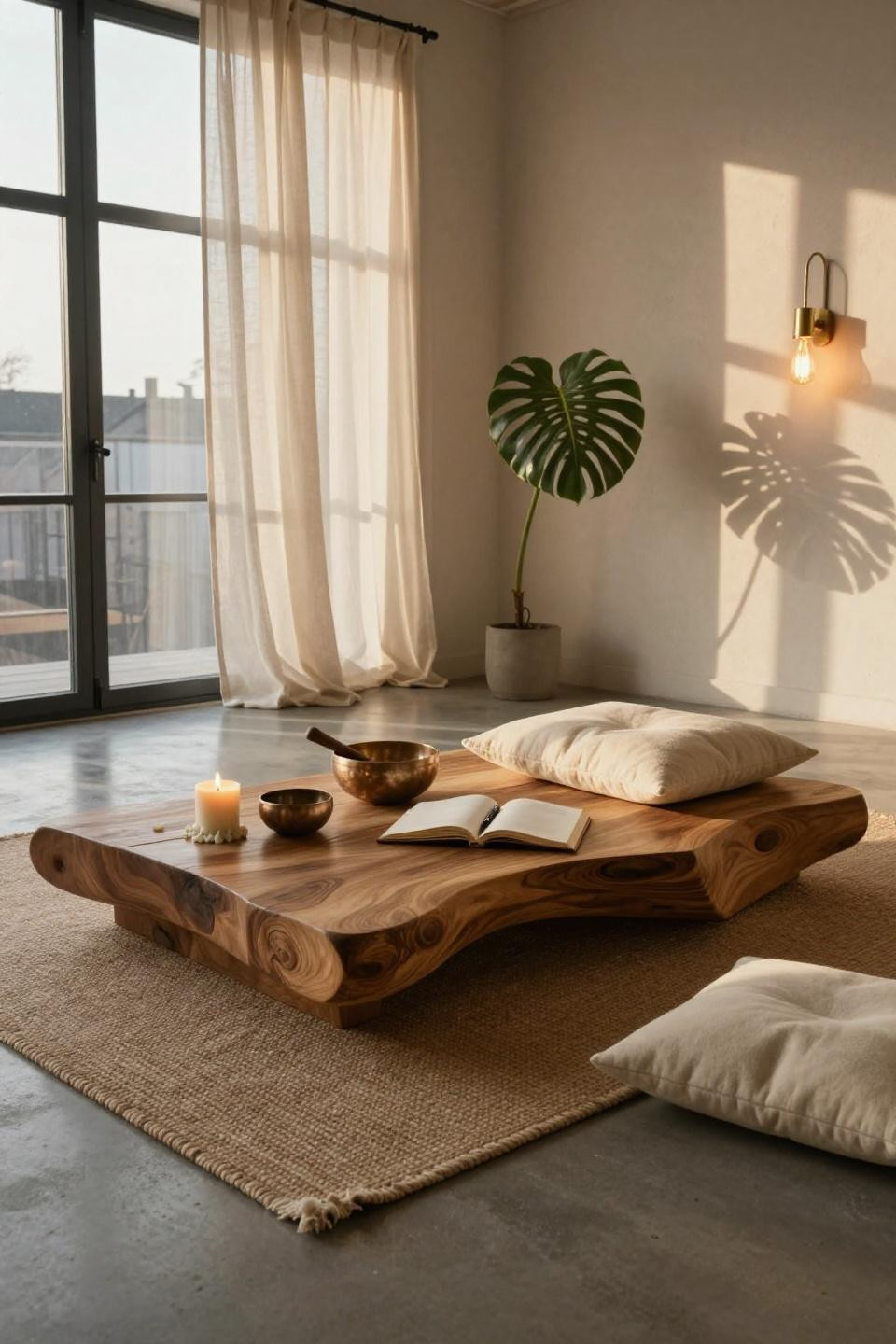 Home Meditation Space - concrete floors with teak platform