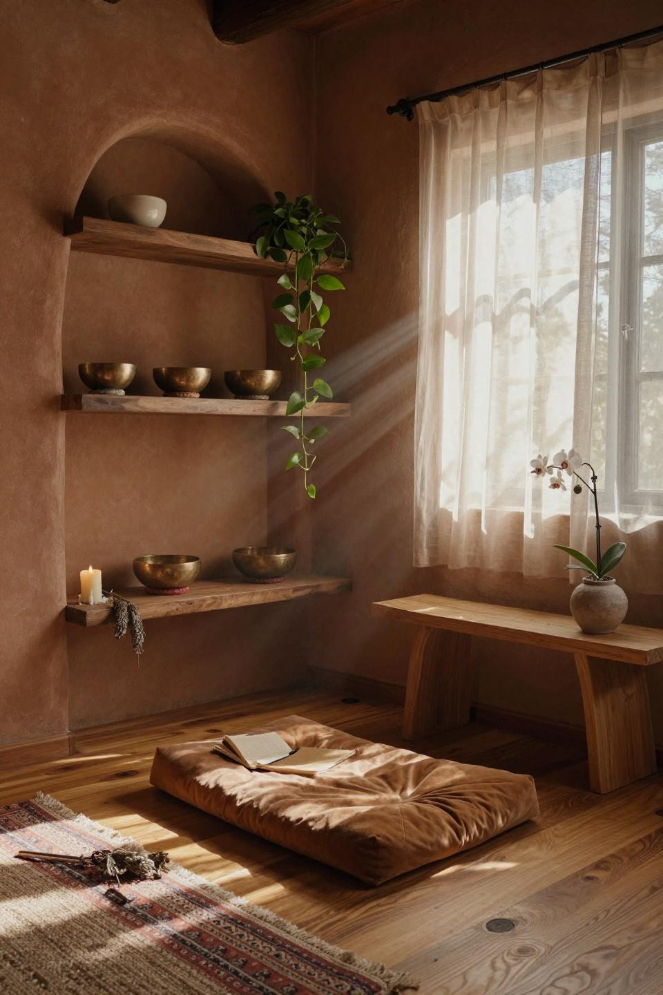 Boho Meditation Space - Santa Fe casita with terracotta walls