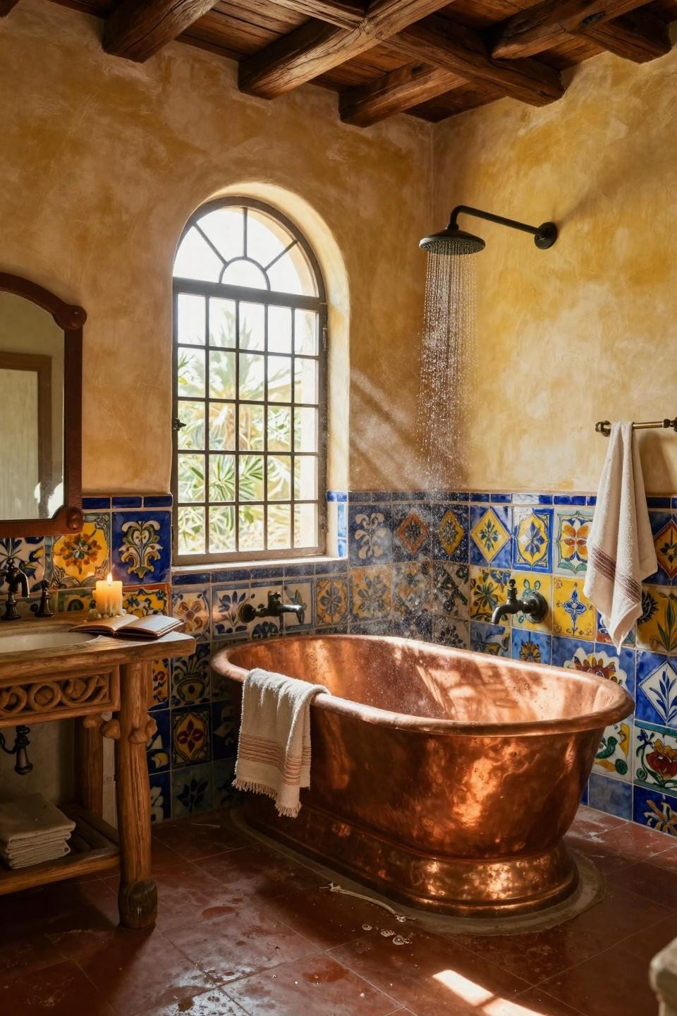 Mediterranean bathroom with hand-painted cobalt Talavera tiles and copper tub