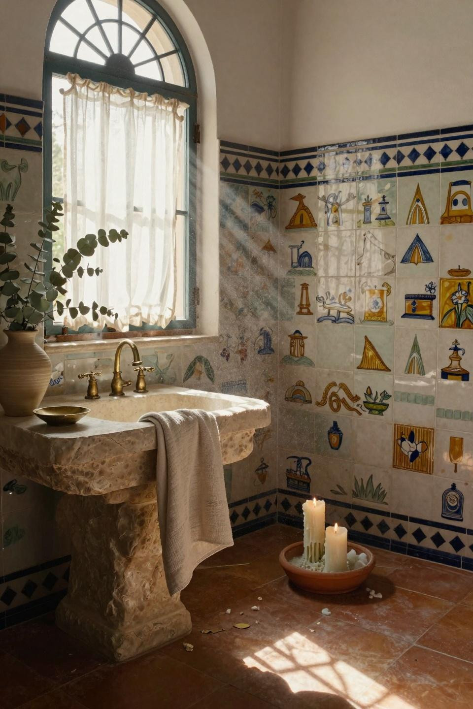 Mediterranean bathroom with Talavera tiles and carved travertine vanity