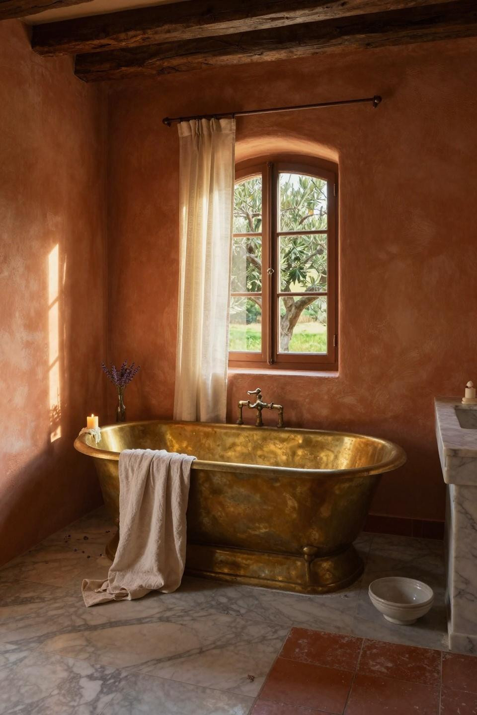 Mediterranean bathroom with unlacquered brass tub and ochre plaster walls