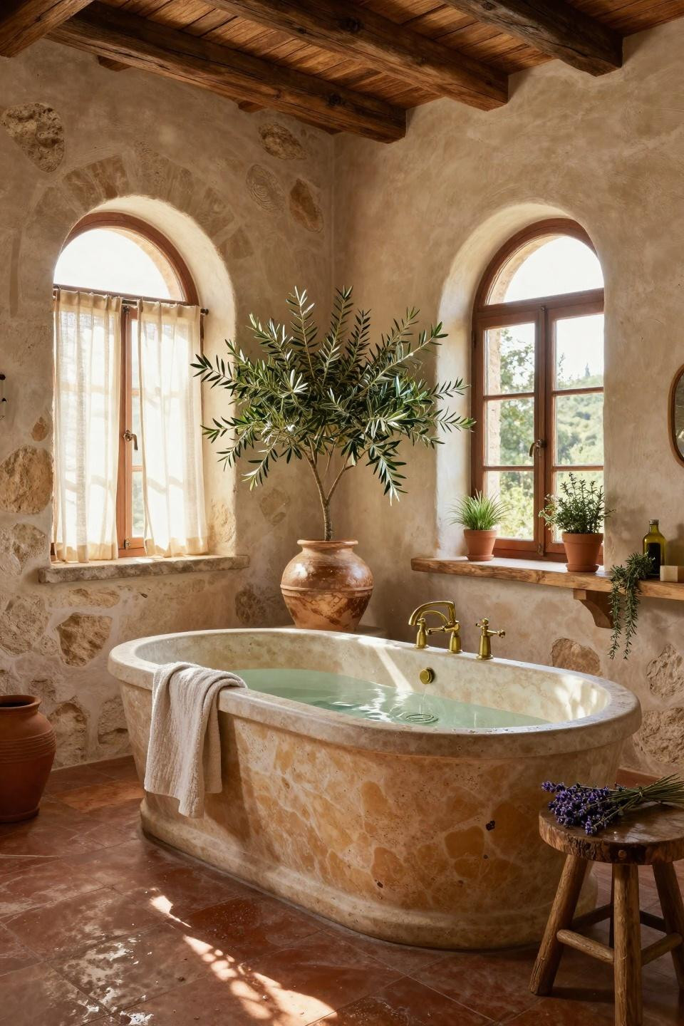 Mediterranean bathroom with potted olive tree and travertine tub