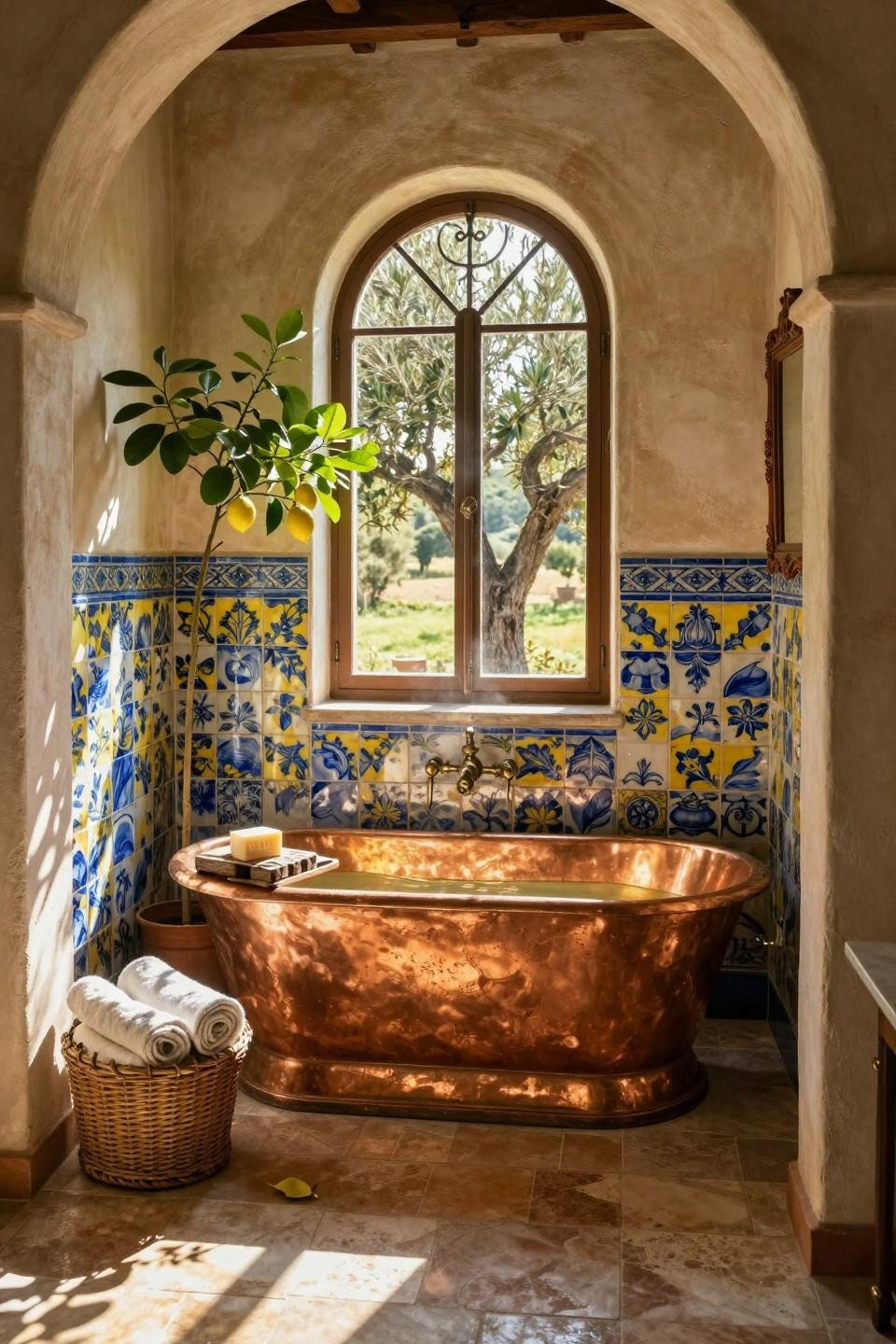 Mediterranean bathroom with hand-painted Vietri tiles and copper tub