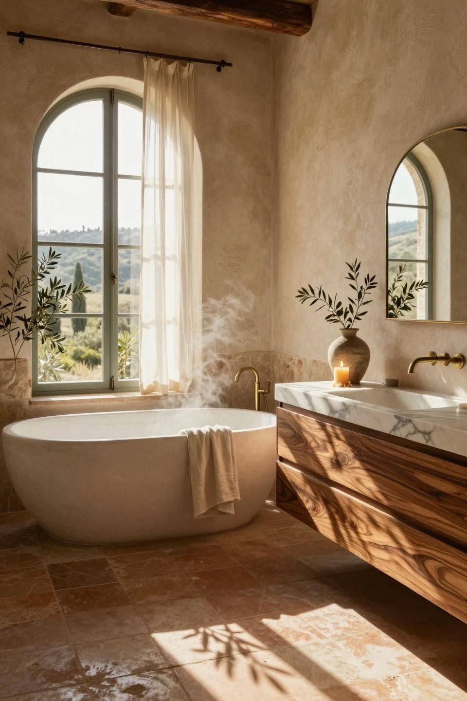 Mediterranean bathroom with hand-carved travertine soaking tub