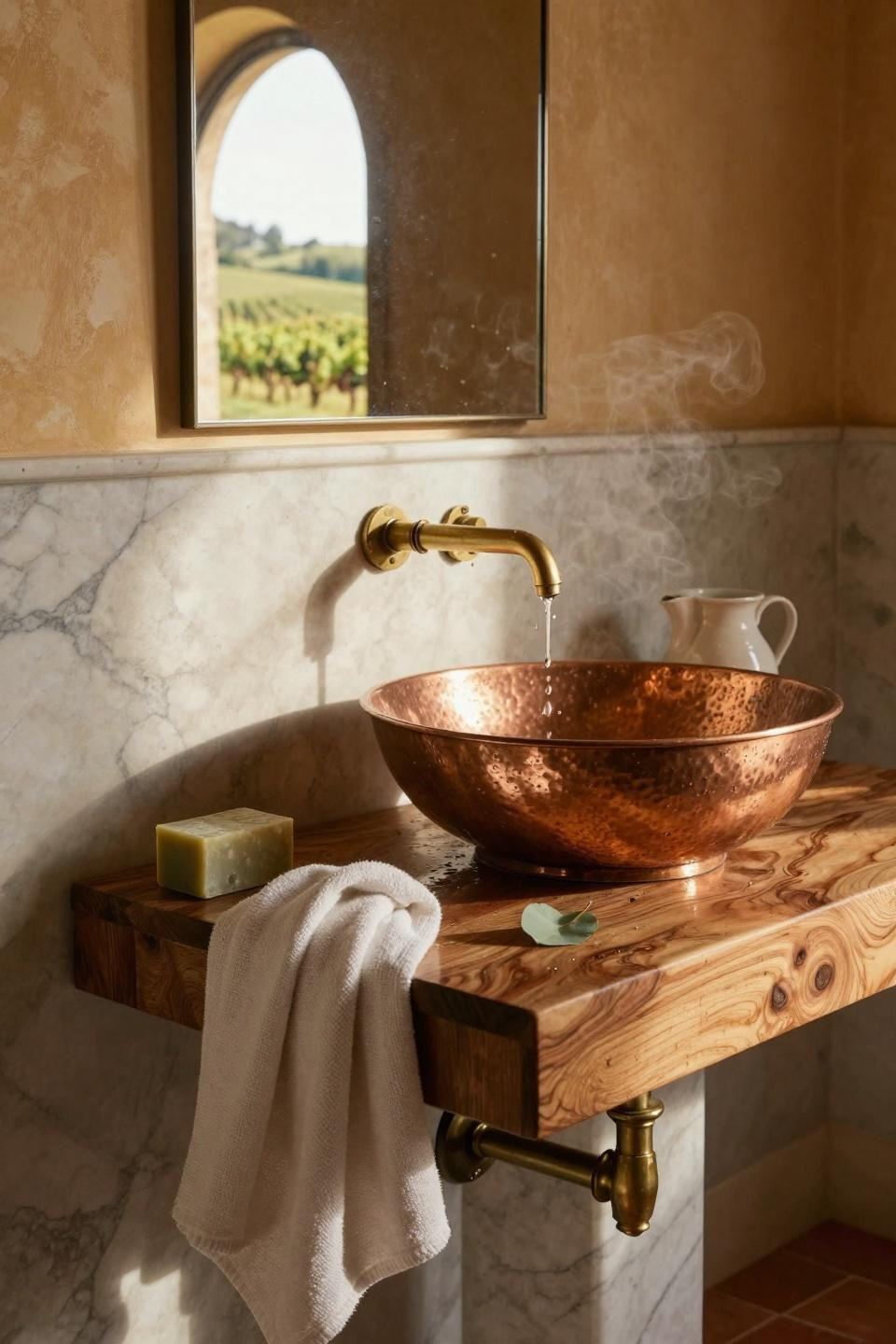 Mediterranean bathroom with hand-hammered copper vessel sink