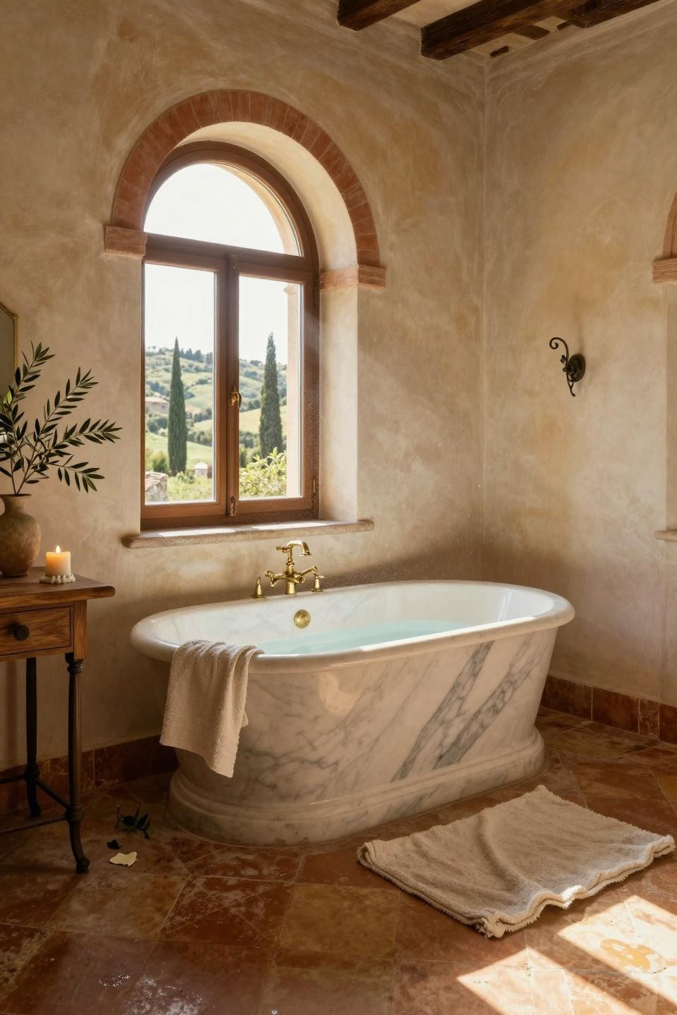 Mediterranean bathroom with Carrara marble tub under arched window