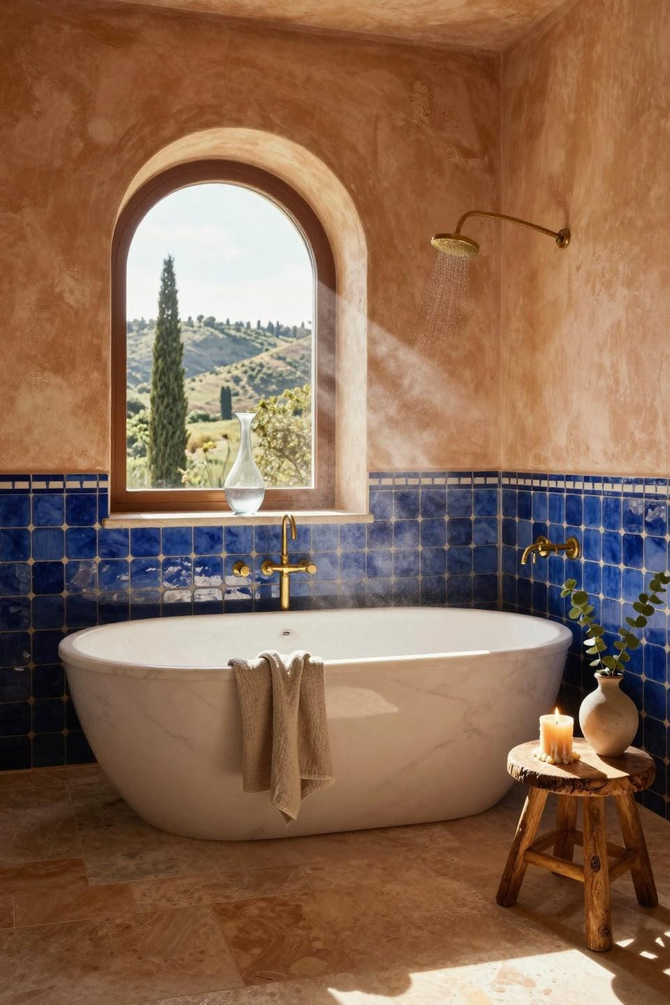 Mediterranean bathroom with zellige tiles and Carrara marble tub