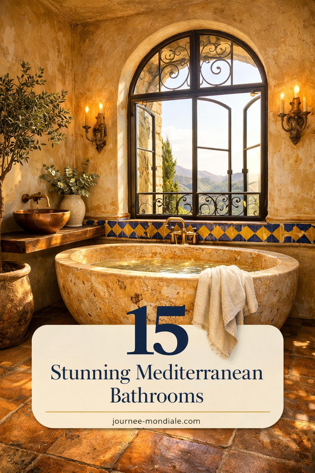 Modern Mediterranean bathroom featuring warm terracotta floor tiles, white walls, wooden vanity, and natural light