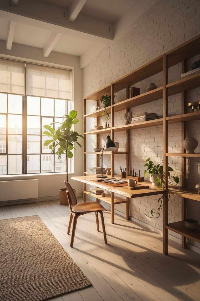 Office Room Ideas - minimal oak desk in bright white space with tall windows