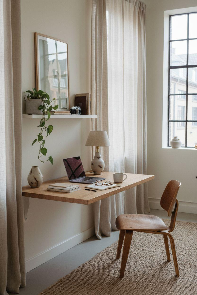 Office Room Ideas - oak desk with sheer linen curtains and soft light