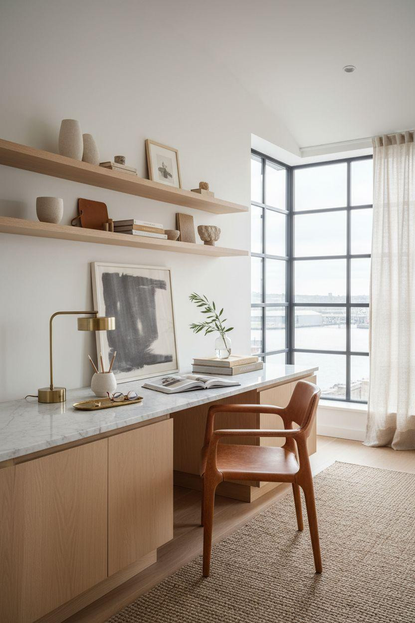 Office Room Ideas - oak desk with marble surface and leather chair
