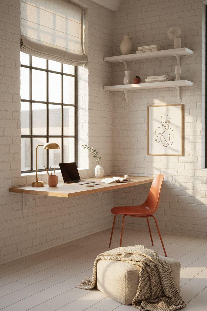 Office Room Ideas - white and oak office with bold orange chair
