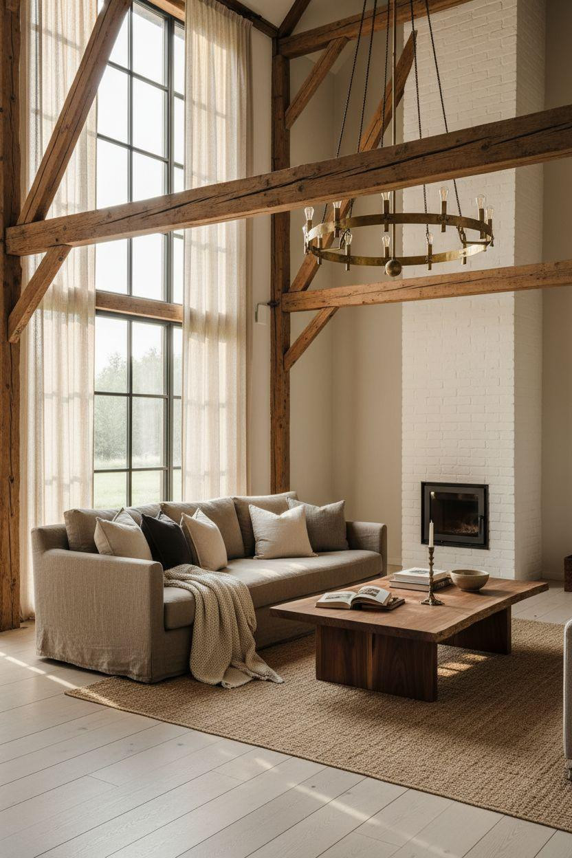 Modern Barn House featuring dramatic chandelier