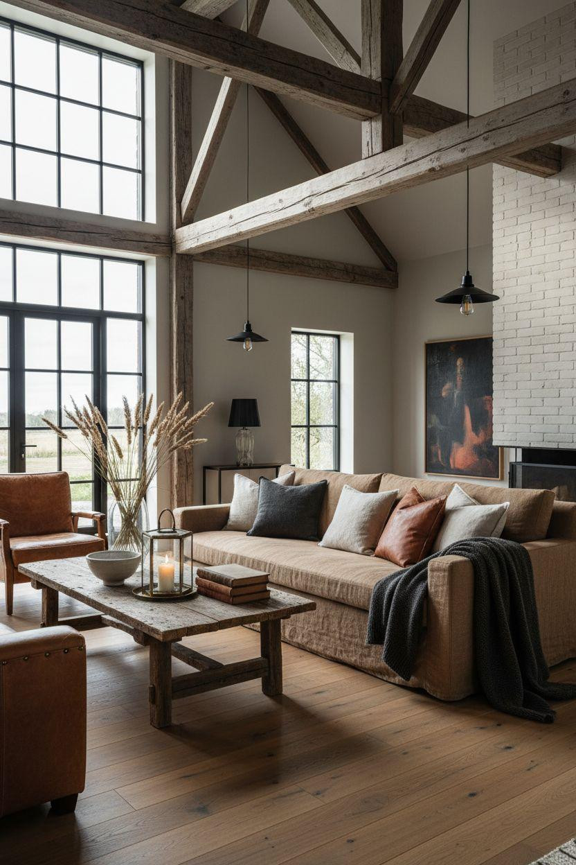 Modern Barn House living room with exposed beams