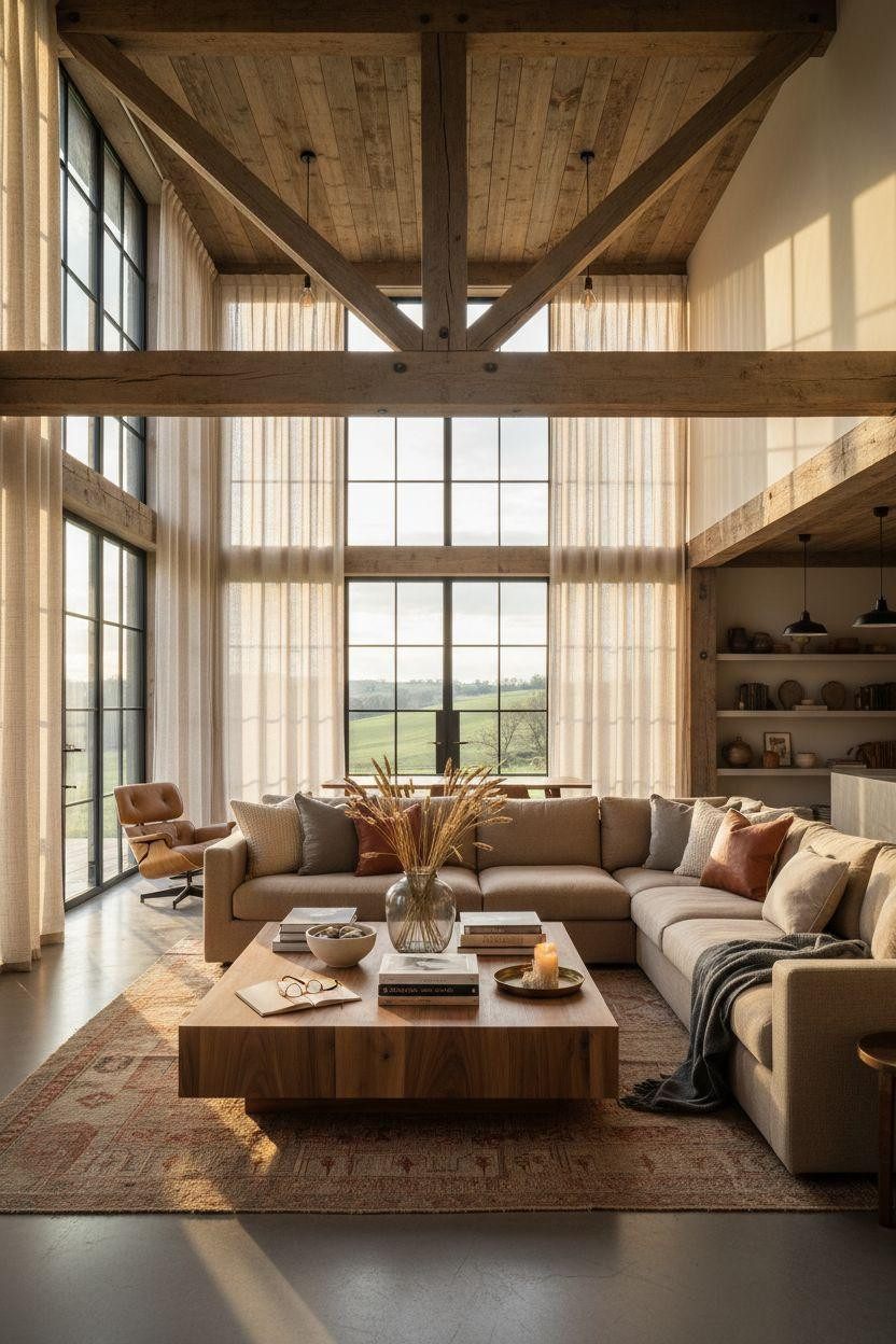 Modern Barn House great room with layered rugs