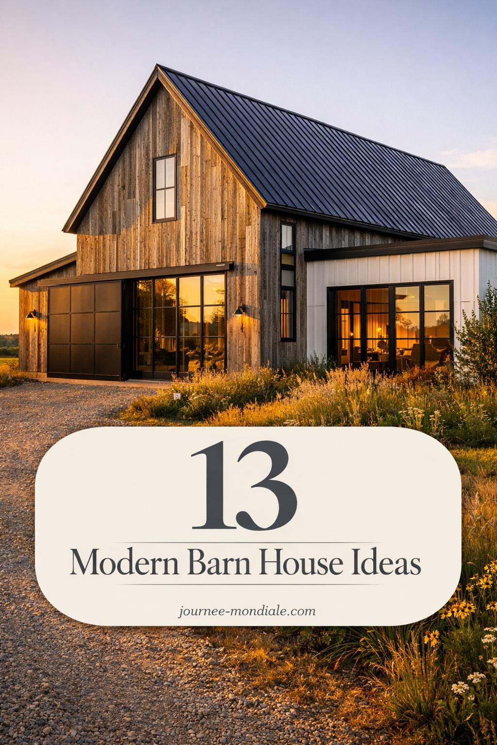 Charcoal metal roof barn house exterior featuring floor-to-ceiling black steel windows, reclaimed gray wood siding, white oak accents, prairie landscape