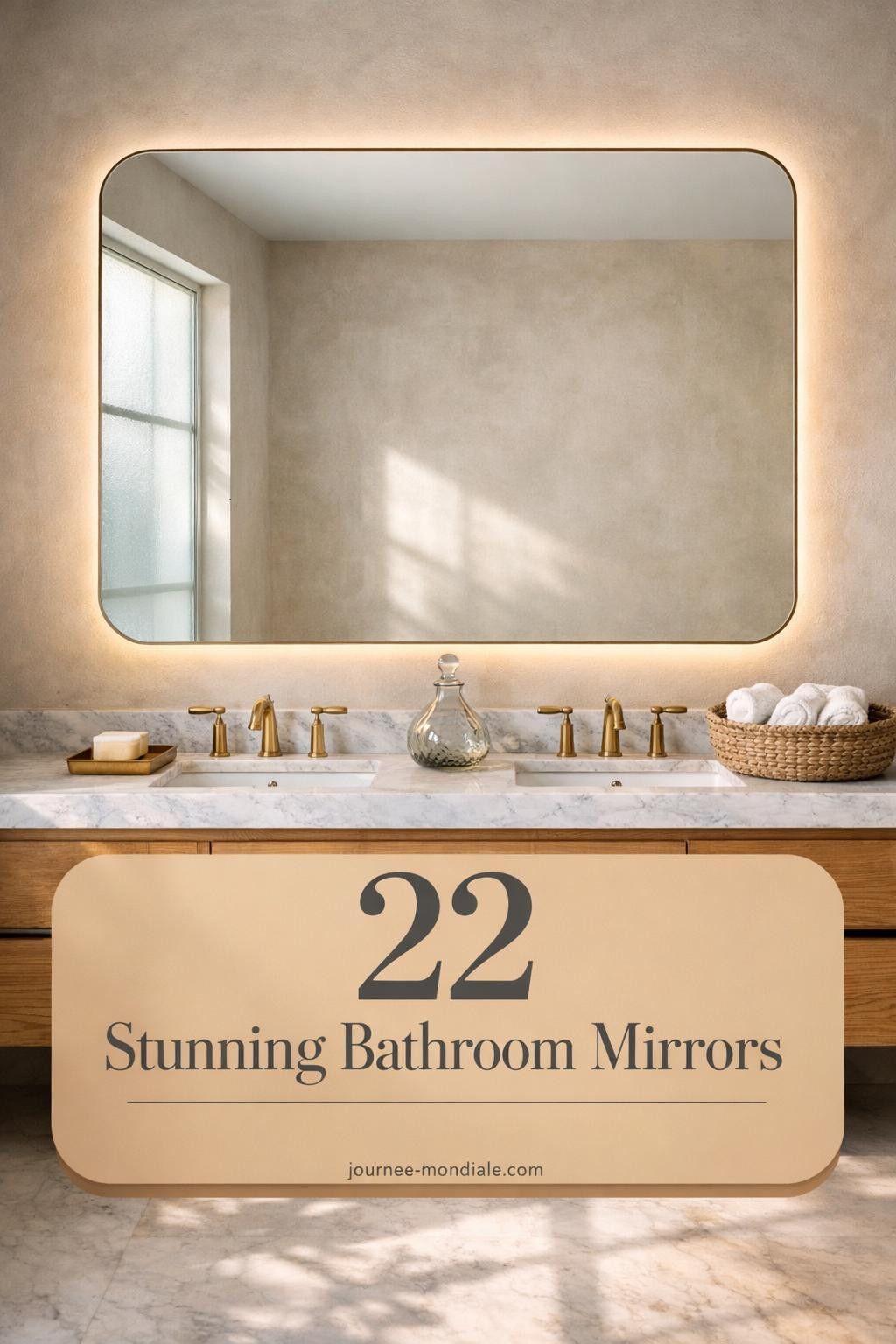 Luxurious bathroom featuring large frameless LED backlit mirror above floating white oak vanity with Carrara marble countertop and brass fixtures