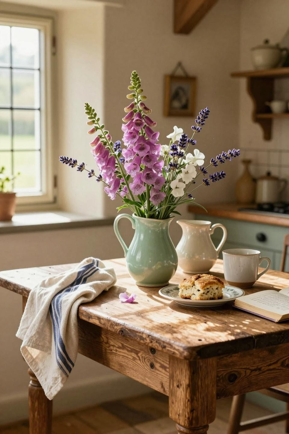modern cottage core kitchen detail with ceramic and fresh flowers