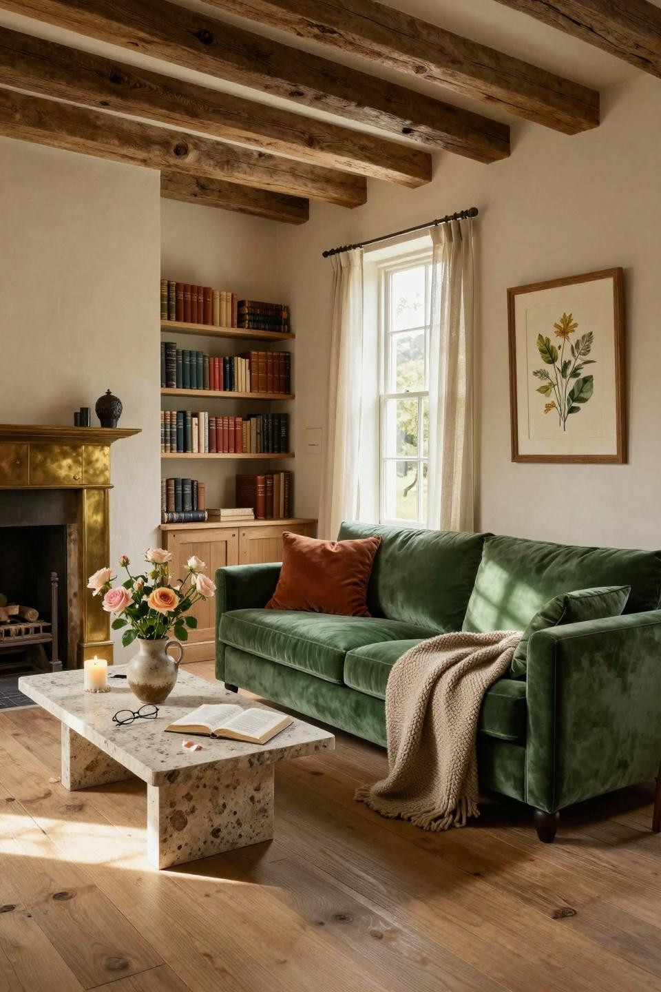 modern cottage core living room with bold velvet and rustic wood