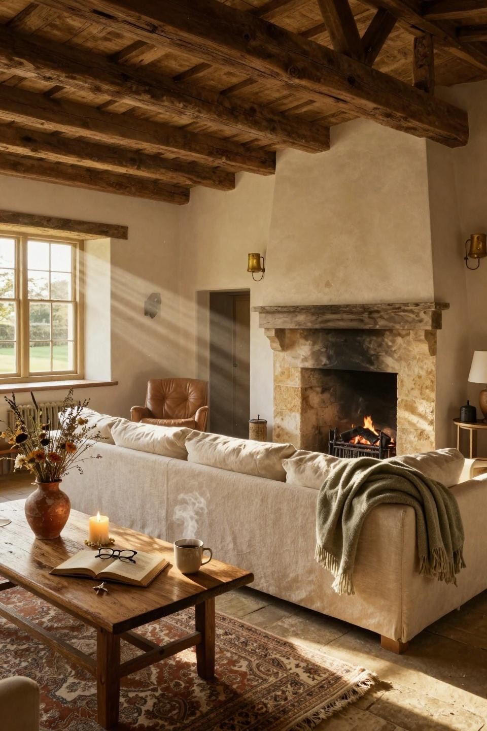 modern cottage core living room with fireplace and soft textures