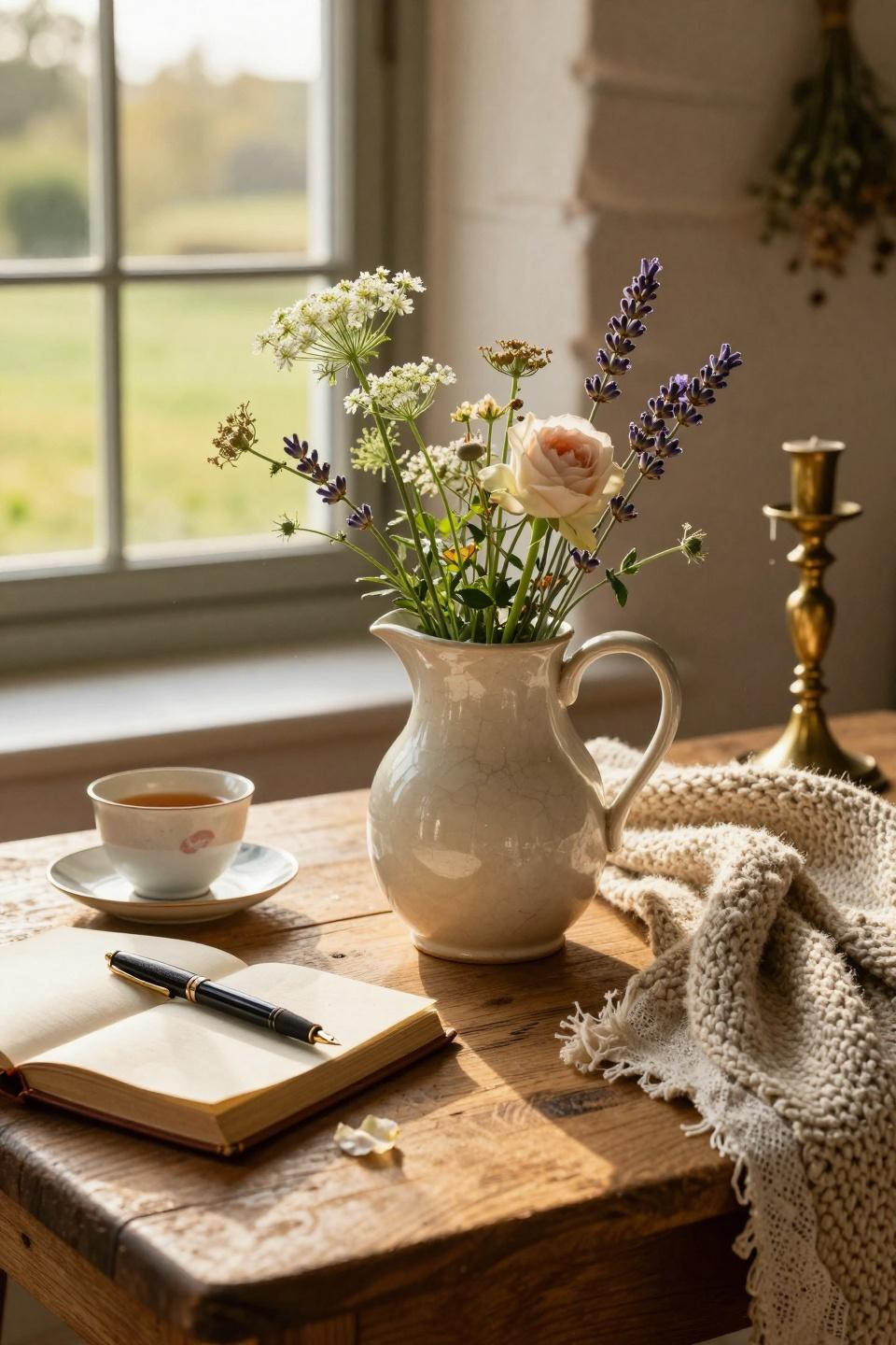 modern cottage core vignette with natural textures and vintage details