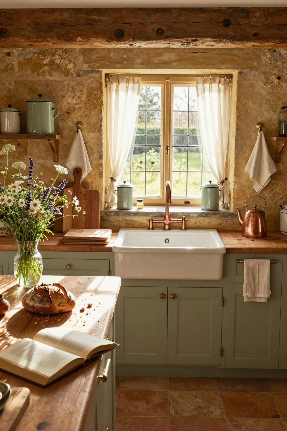 modern cottage core kitchen with natural light and botanical accents