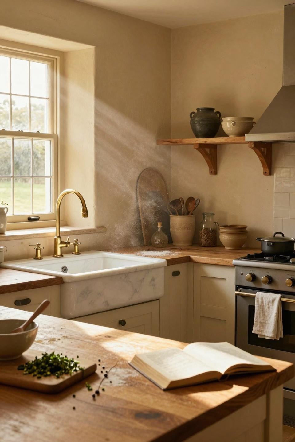 modern cottage core kitchen with warm tones and rustic details