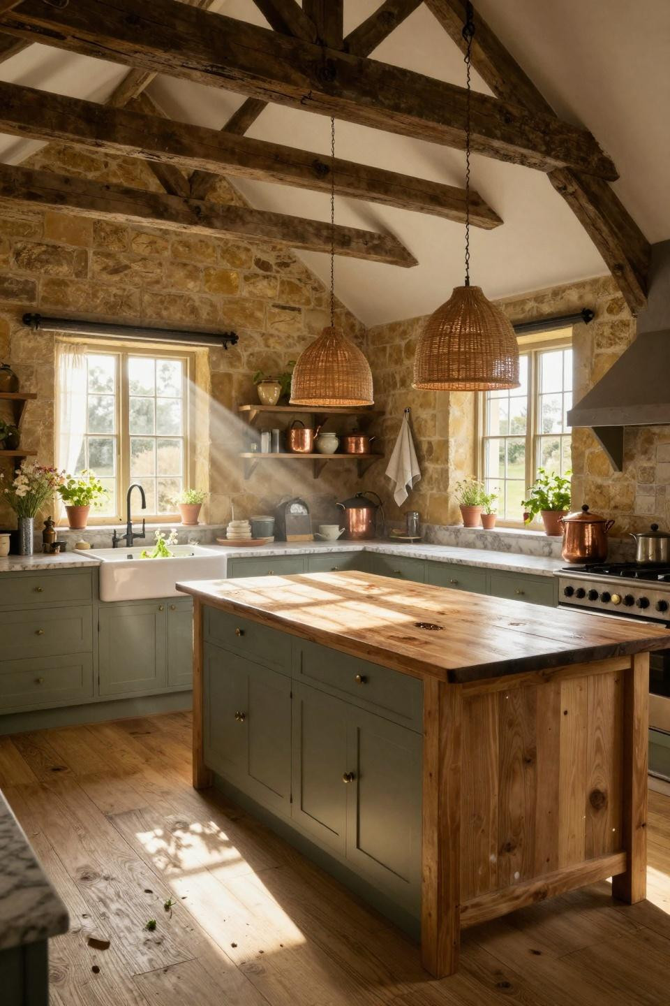 modern cottage core kitchen with sage cabinets and vintage details