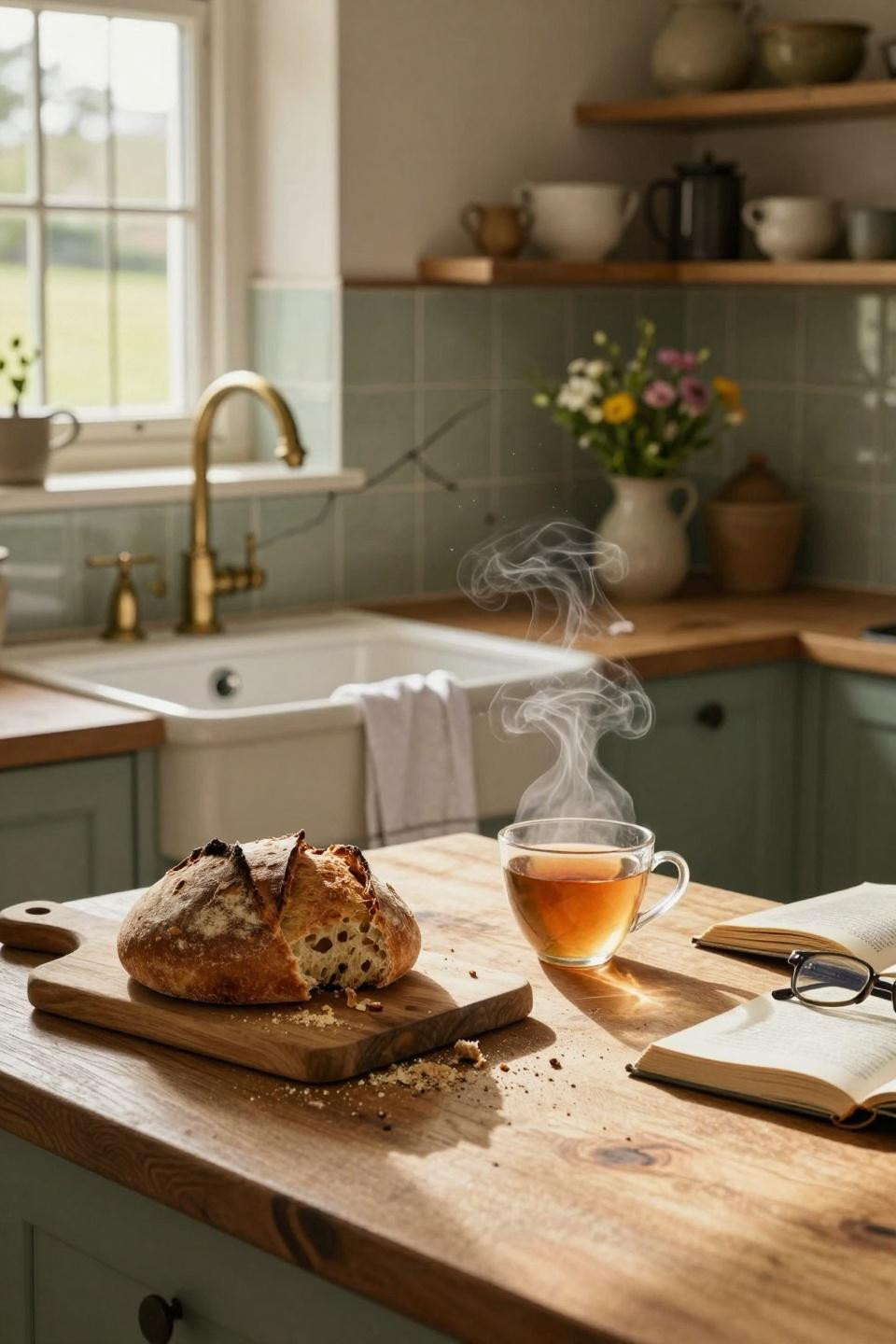 modern cottage core kitchen counter with vintage details and morning light