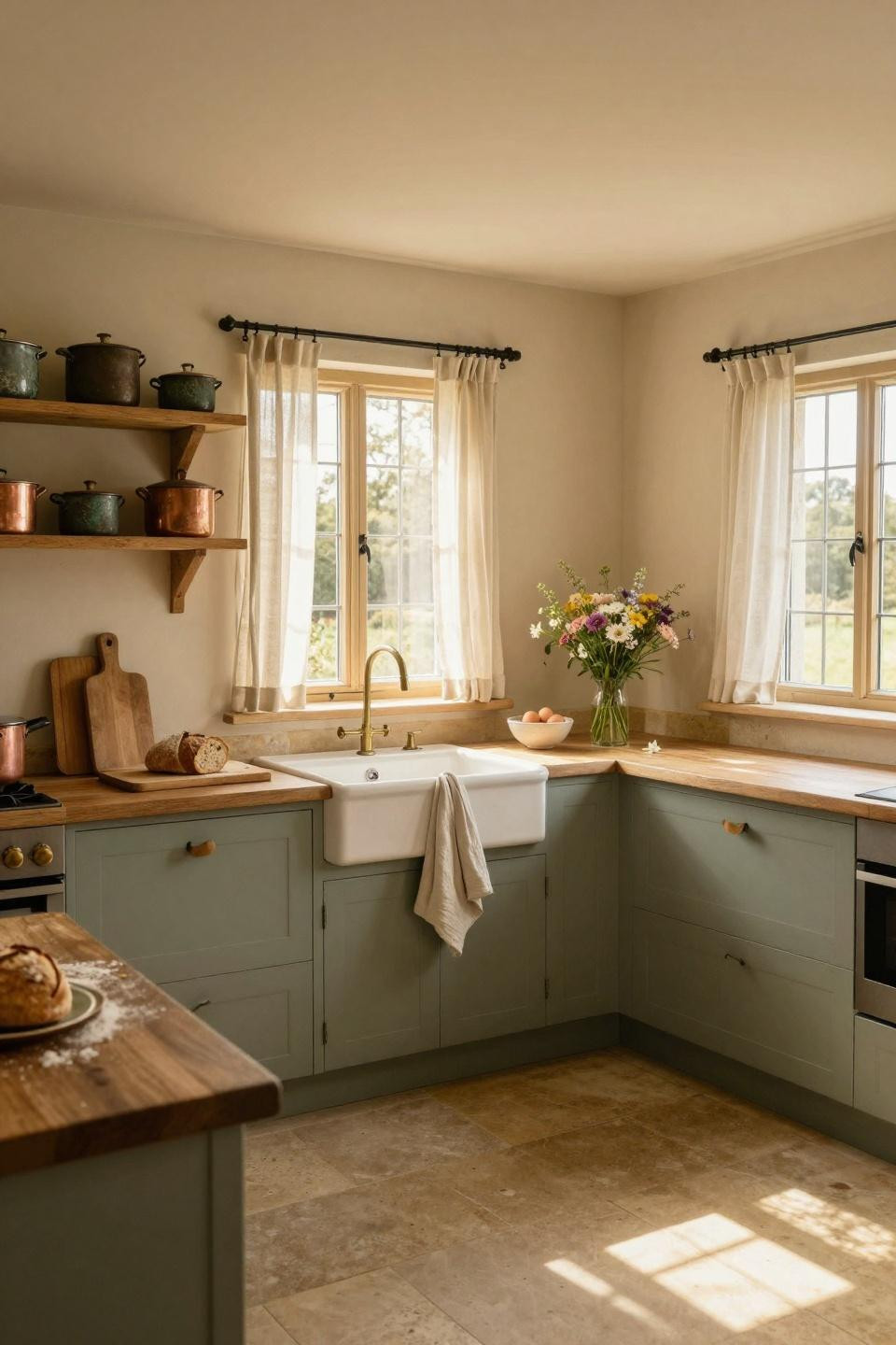 modern cottage core kitchen with farmhouse sink and natural light