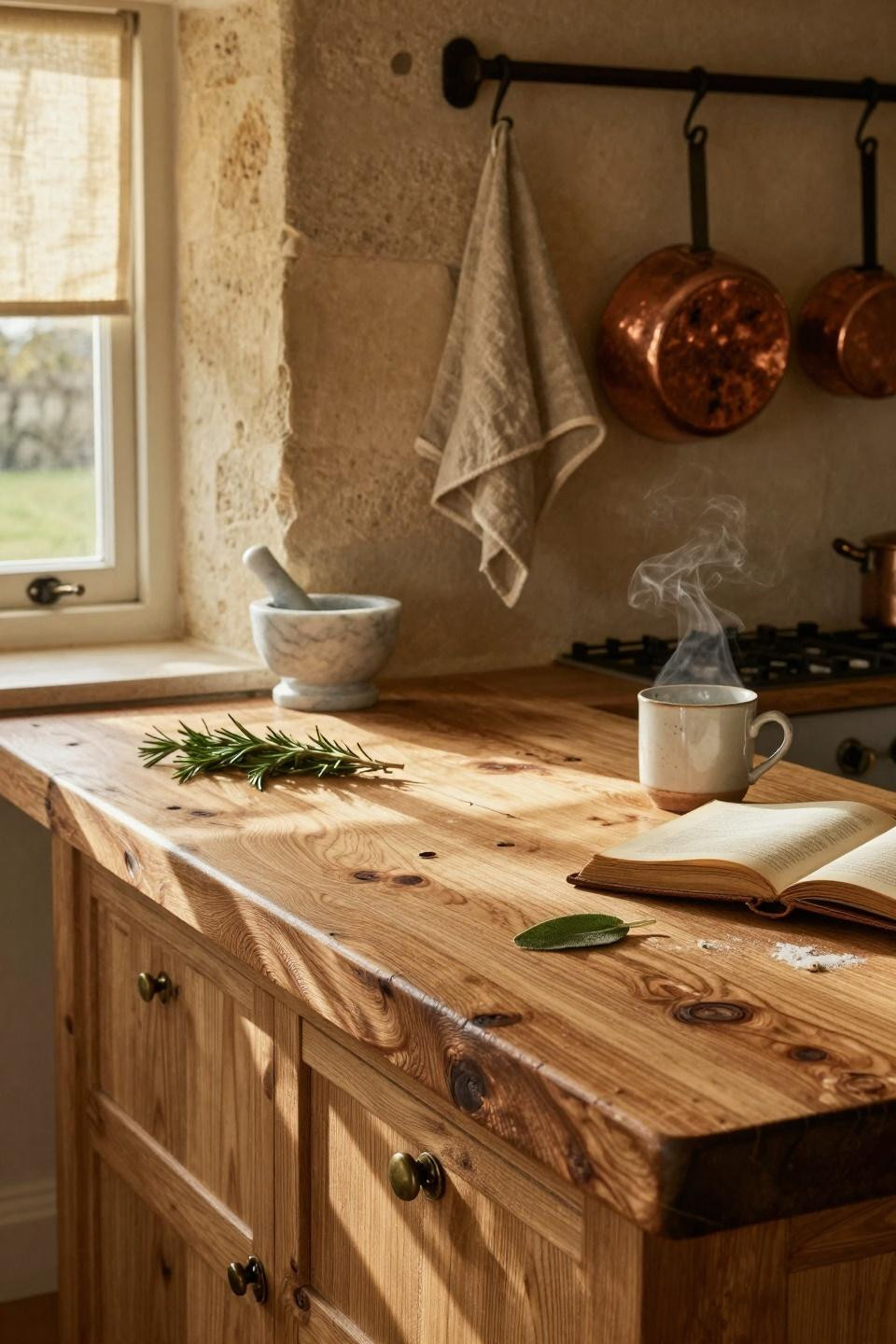 modern cottage core kitchen with warm wood tones and vintage hardware