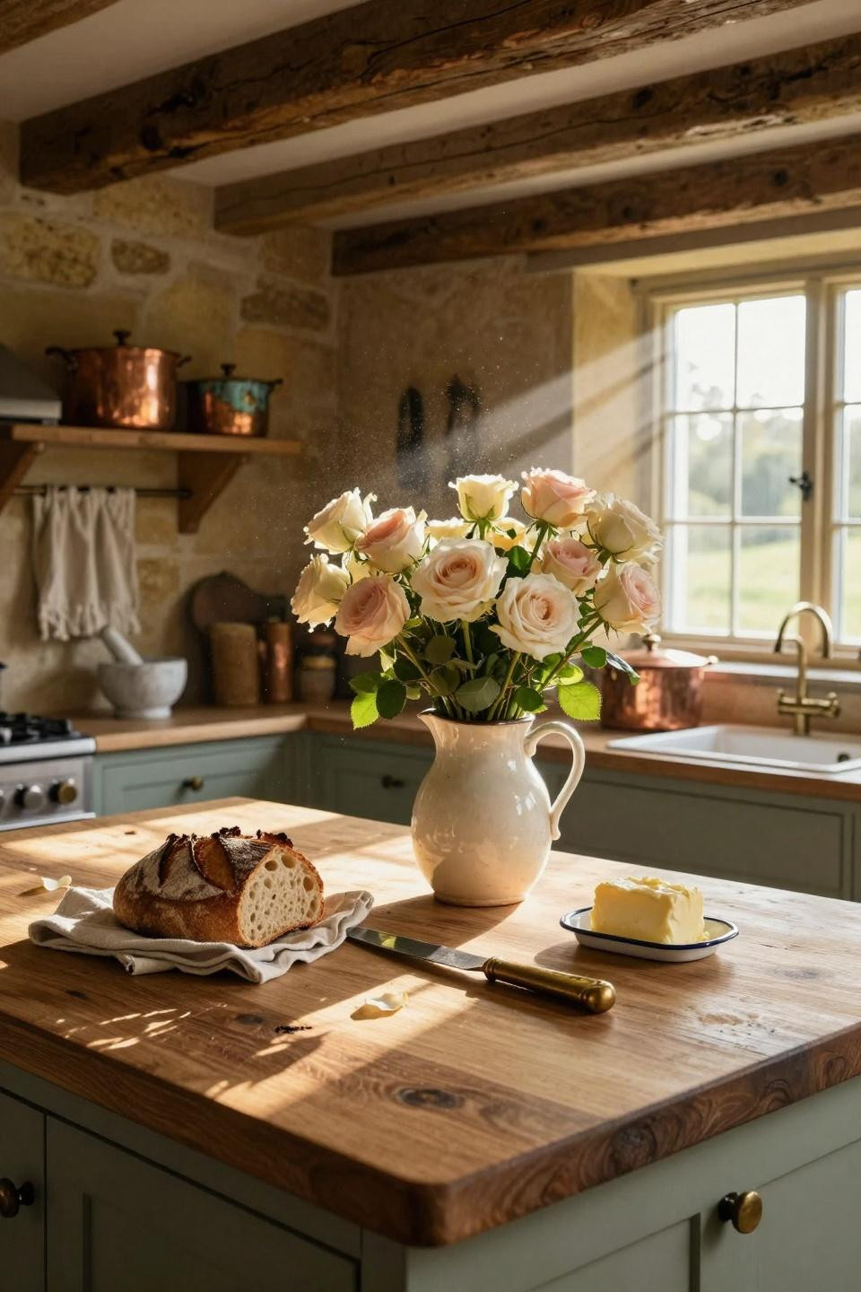 modern cottage core kitchen with butcher block and fresh flowers