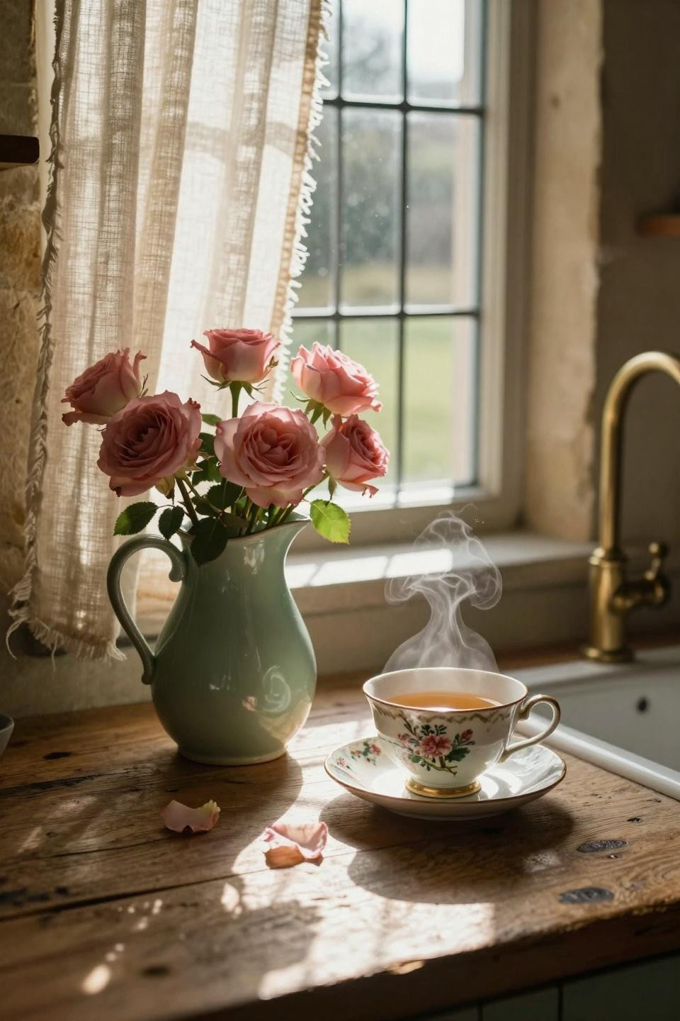 modern cottage core kitchen windowsill with vintage details