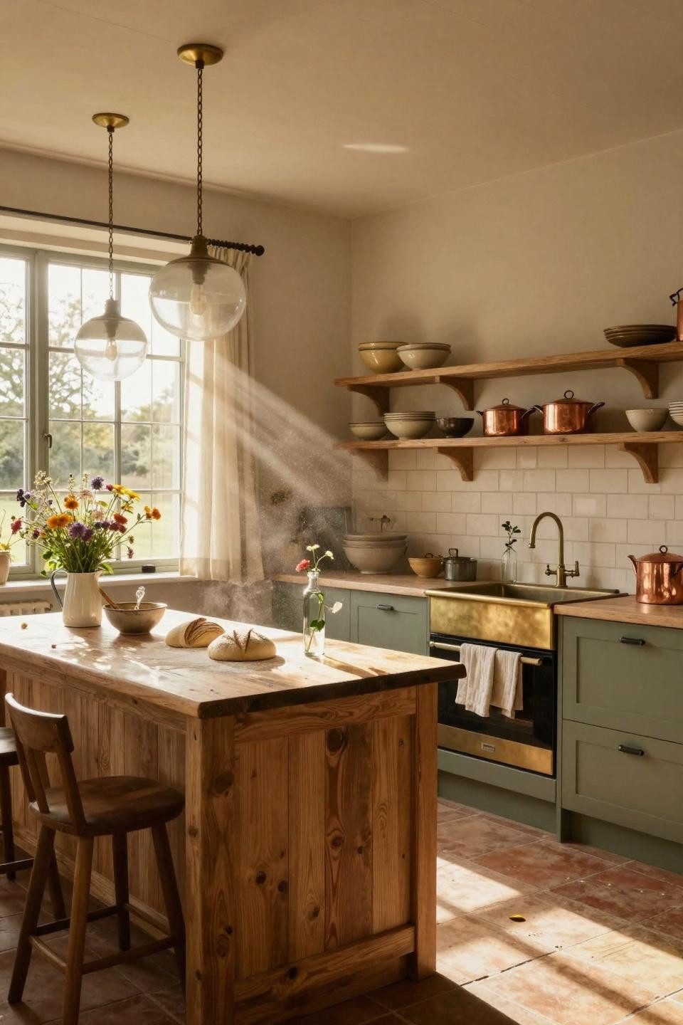 modern cottage core kitchen with reclaimed wood and vintage cookware