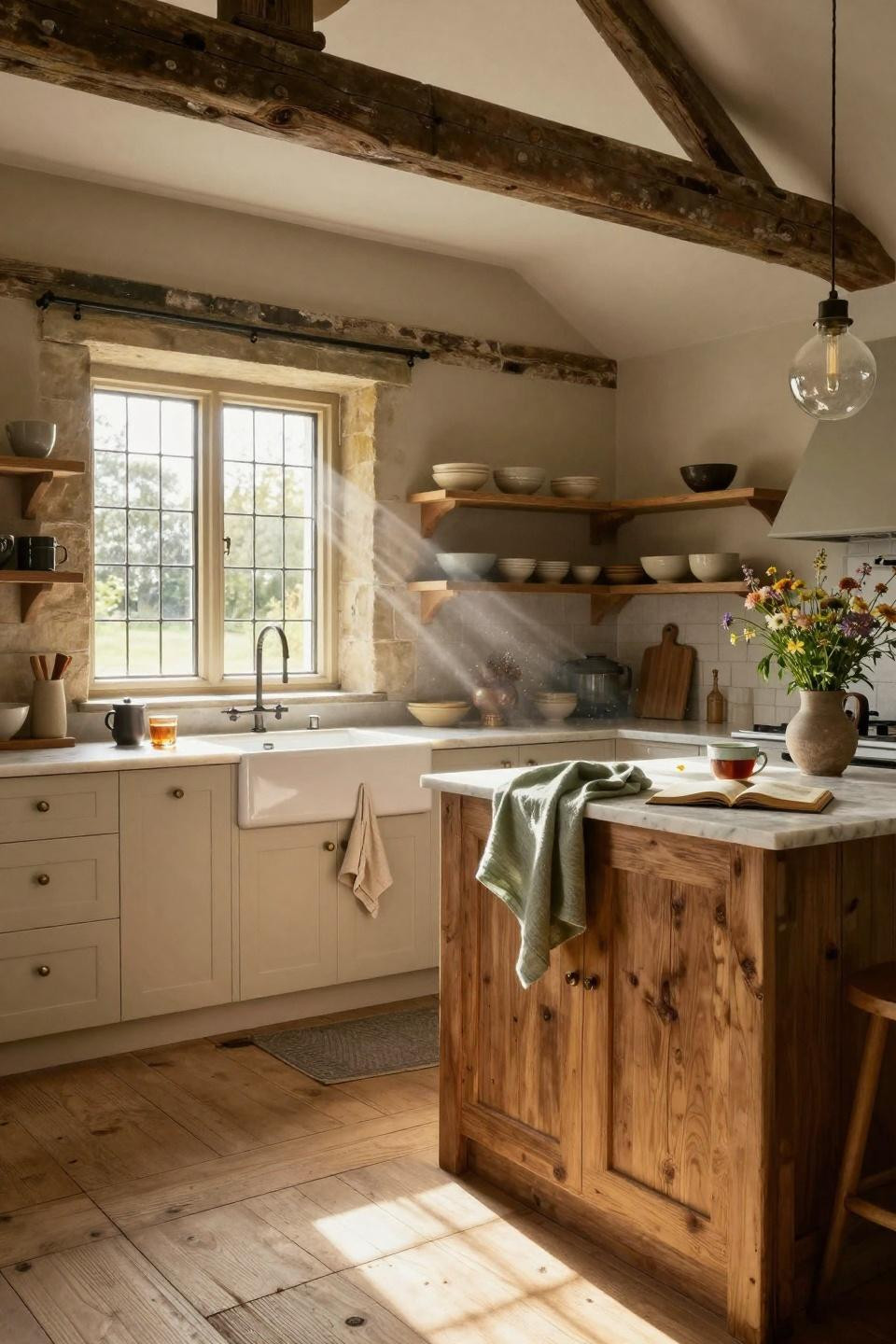 modern cottage core kitchen with reclaimed wood and natural light