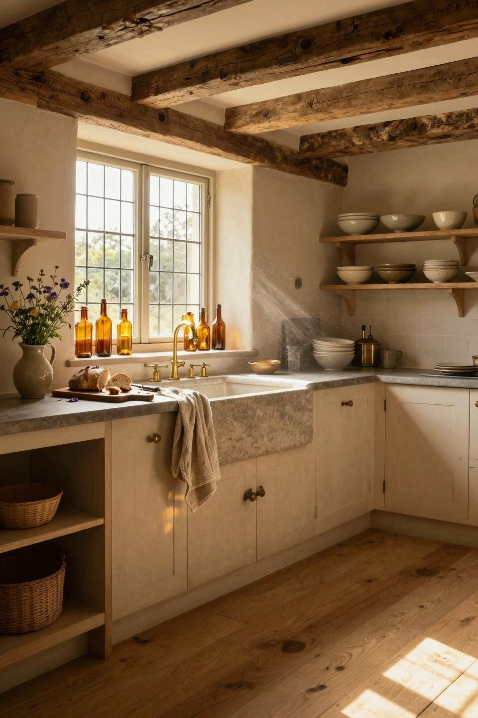modern cottage core kitchen with golden light and natural materials
