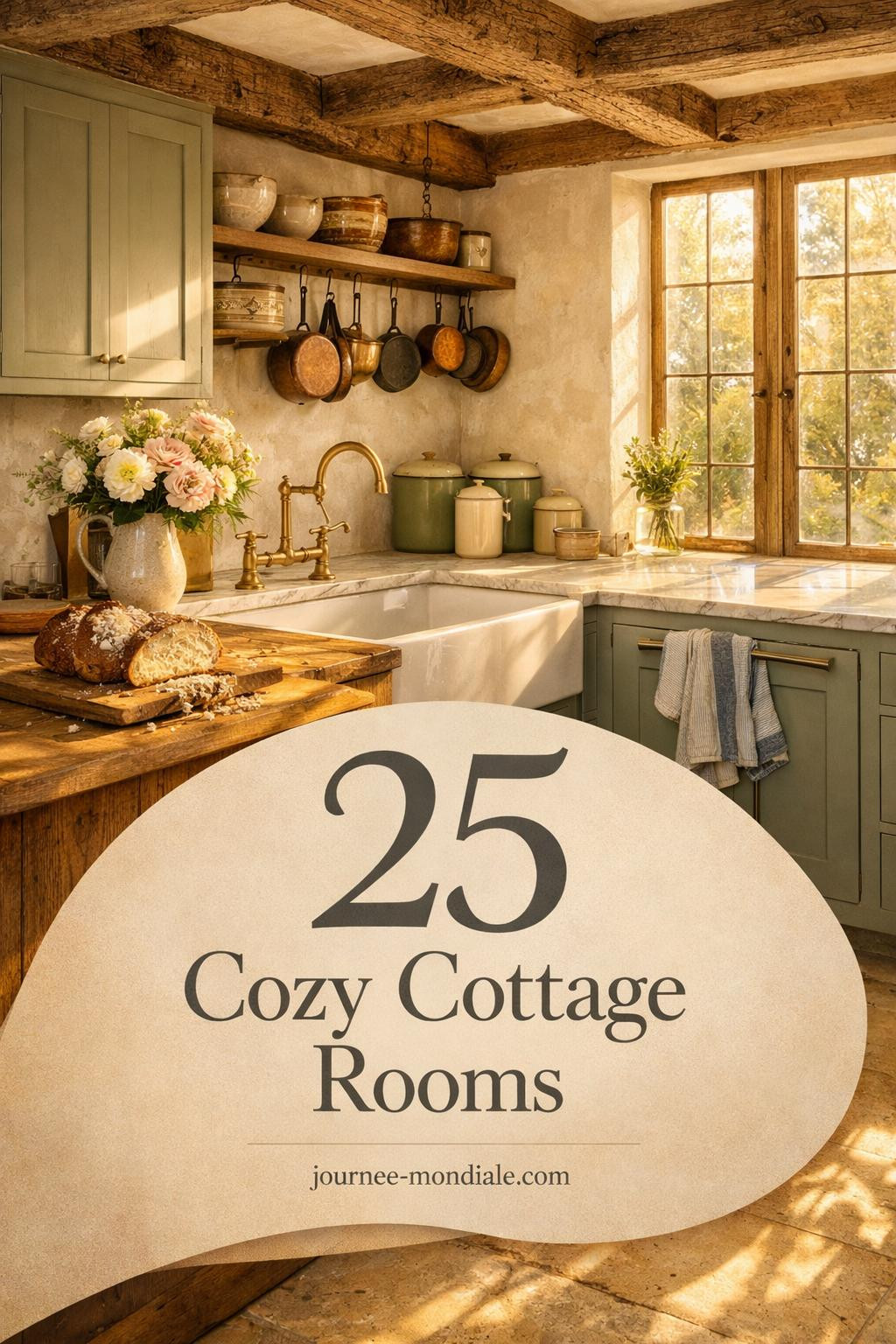 Bright cottage kitchen featuring white shaker cabinets, natural wood accents, farmhouse sink, open shelving with vintage dishes, and soft natural lighting