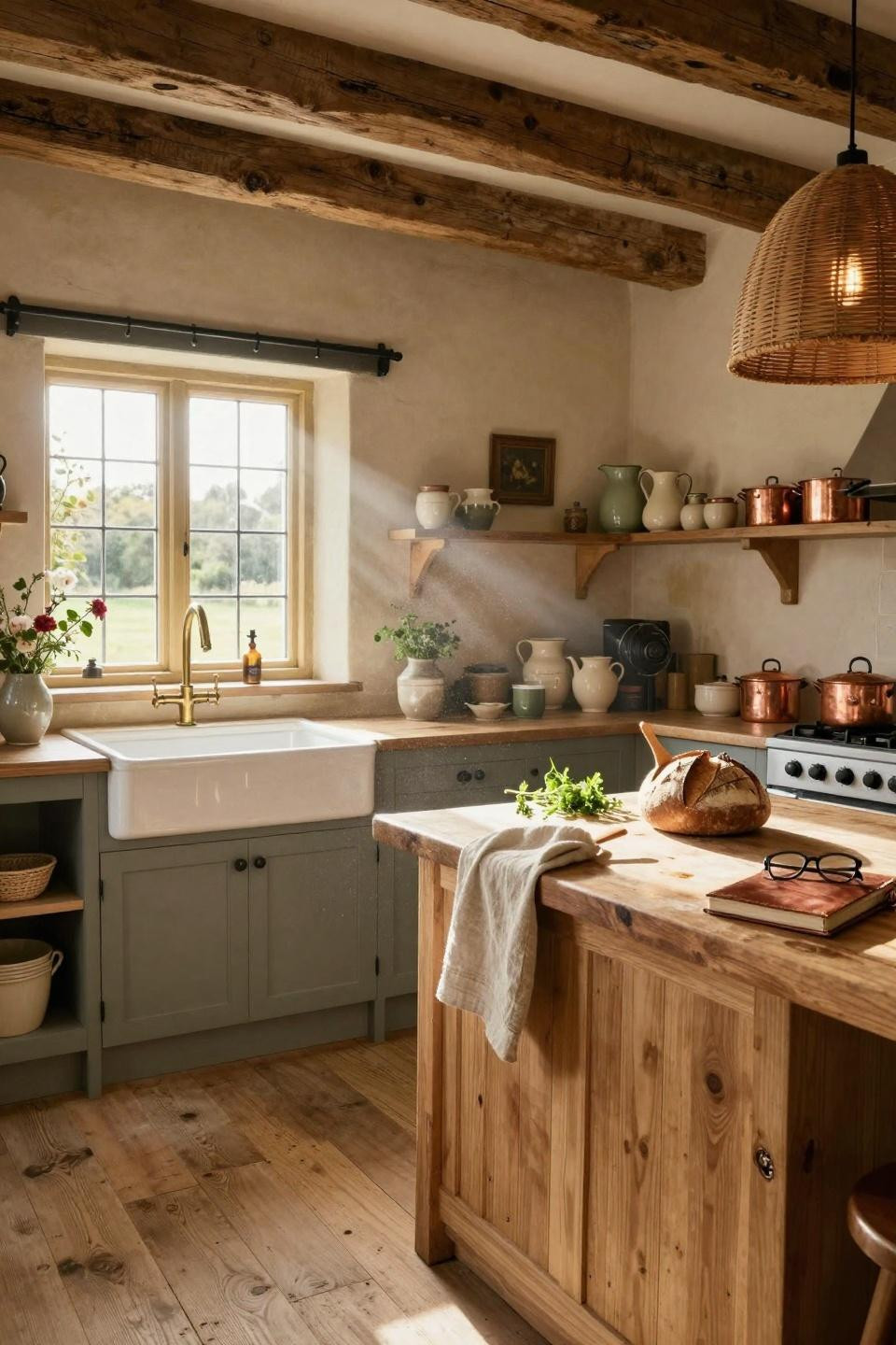 modern cottage core kitchen with rustic wood and vintage cookware