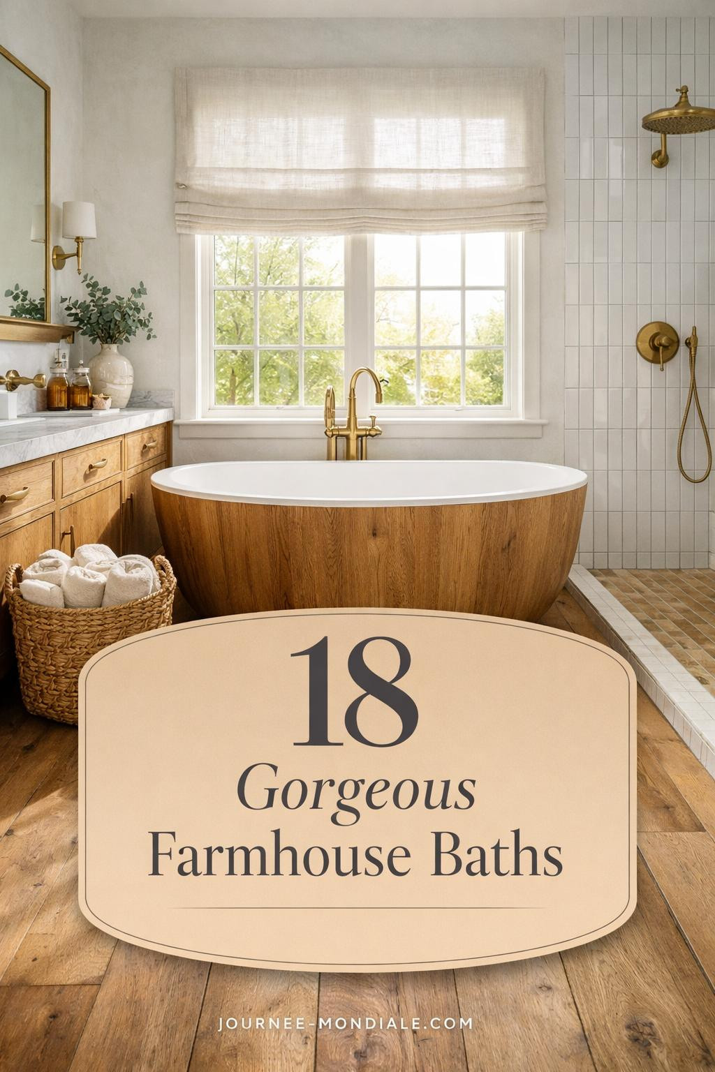 Bright modern farmhouse bathroom featuring freestanding white oak soaking tub, reclaimed European oak floors, marble vanity, brass fixtures, vertical subway tile shower