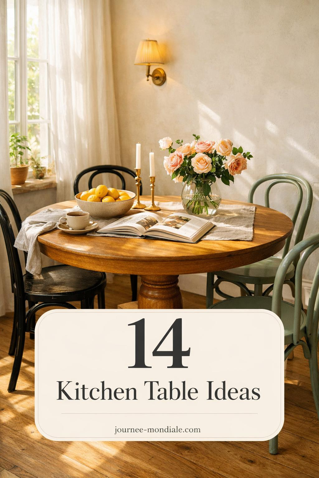 Round wooden dining table with modern chairs in bright kitchen featuring white cabinets, pendant lighting, and minimalist decor