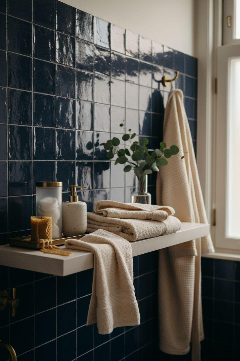 blue bathroom close up of navy zellige tiles with folded cream towels